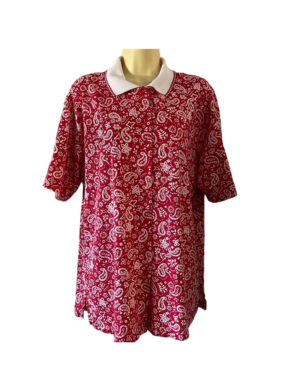 Koret Francisca XL Red & White Paisley Print Knit Blouse Vintage Button Front